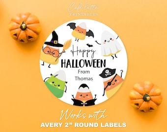 Halloween Stickers Printable, Custom Halloween School Kids Gift Tag Labels Editable Template, Teacher Candy Corn Bag, Avery 2" Round Labels