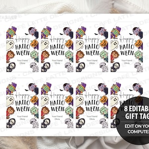 Halloween monsters gift tags, Happy Halloween printable candy bag gift tags, Happy Halloween labels editable template gift tag DIY, Custom gift labels for Halloween candy bags, Kids teacher school gift tags with witch ghost vampire and mummy, Cheap Halloween gift tags instant download, Halloween business company corporate gift tags, Halloween costume party thank you gift tags