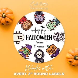 Utskrivbara Halloween-klistermärken, anpassade Halloween-skolbarns presentetiketter, redigerbar mall, godispåse för lärare, Avery 5 cm runda etiketter gör-det-själv