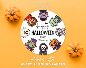 Halloween Stickers Printable, Custom Halloween School Kids Gift Tag Labels Editable Template, Teacher Candy Bag, Avery 2" Round Labels DIY