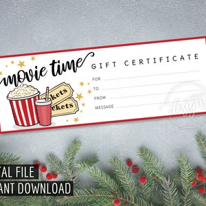 MOVIE GIFT Certificate, Printable Gift Certificate, Gift Coupon Idea, Instant Download, Gift Card for Kids Teen, Valentine's Day Fun Gift