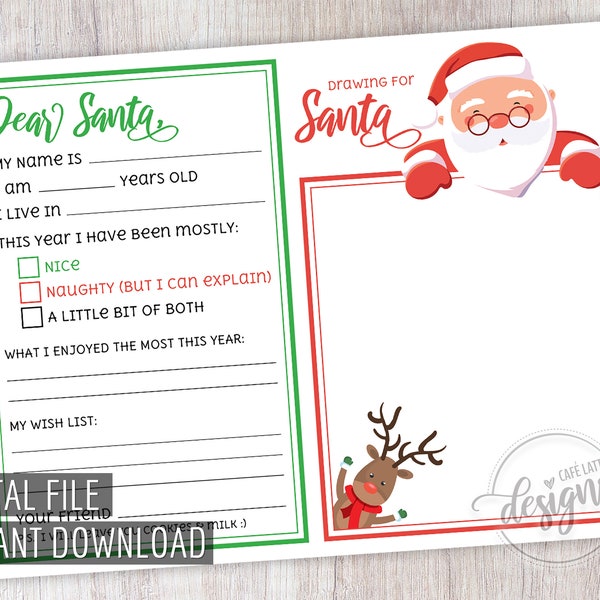 Letter To Santa, Santa Letter, Kids Letter To Santa, Christmas Letter, Printable Letter to Santa, Instant Download, Drawing for Santa, DIY