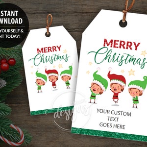 CHRISTMAS Printable Gift Tags, Editable Personalized Favor Tags Template with Xmas Elves, Instant Download Labels for Kids School Teacher