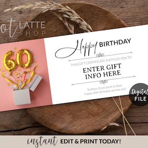 Modèle modifiable de certificat-cadeau du 60e anniversaire, certificat-cadeau personnalisé de joyeux anniversaire, coupon de carte personnalisé de 60 ans imprimable
