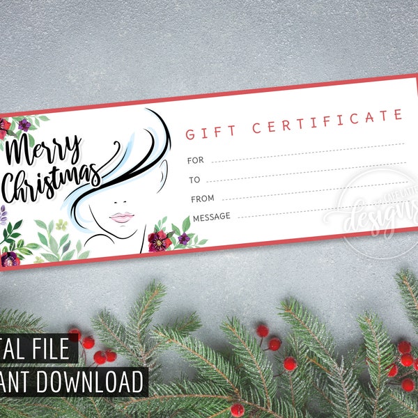 CHRISTMAS GIFT Certificate, Hair Salon Spa Printable Gift Certificate, Gift Coupon, Instant Download, Xmas Gift Idea, Holiday Gift Card DIY