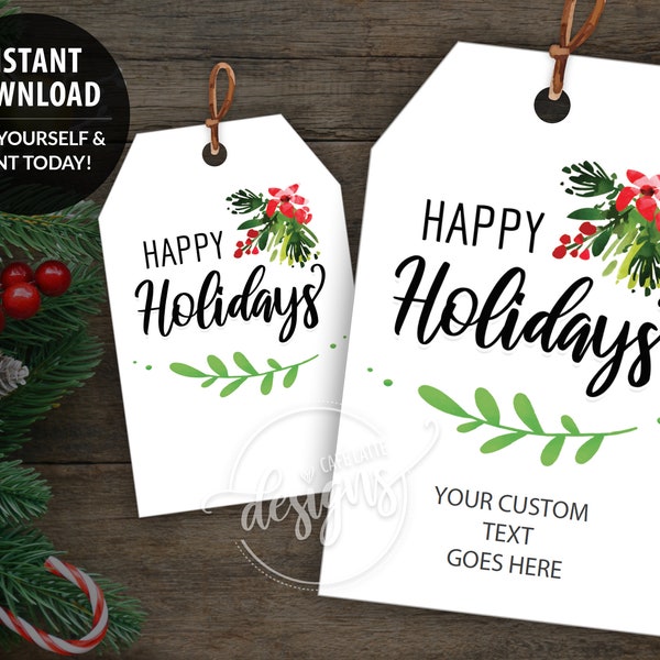 HAPPY HOLIDAYS Printable Gift Tags, Editable Personalized Favor Tags Template Minimalist, Instant Download Labels Thank You Business Company