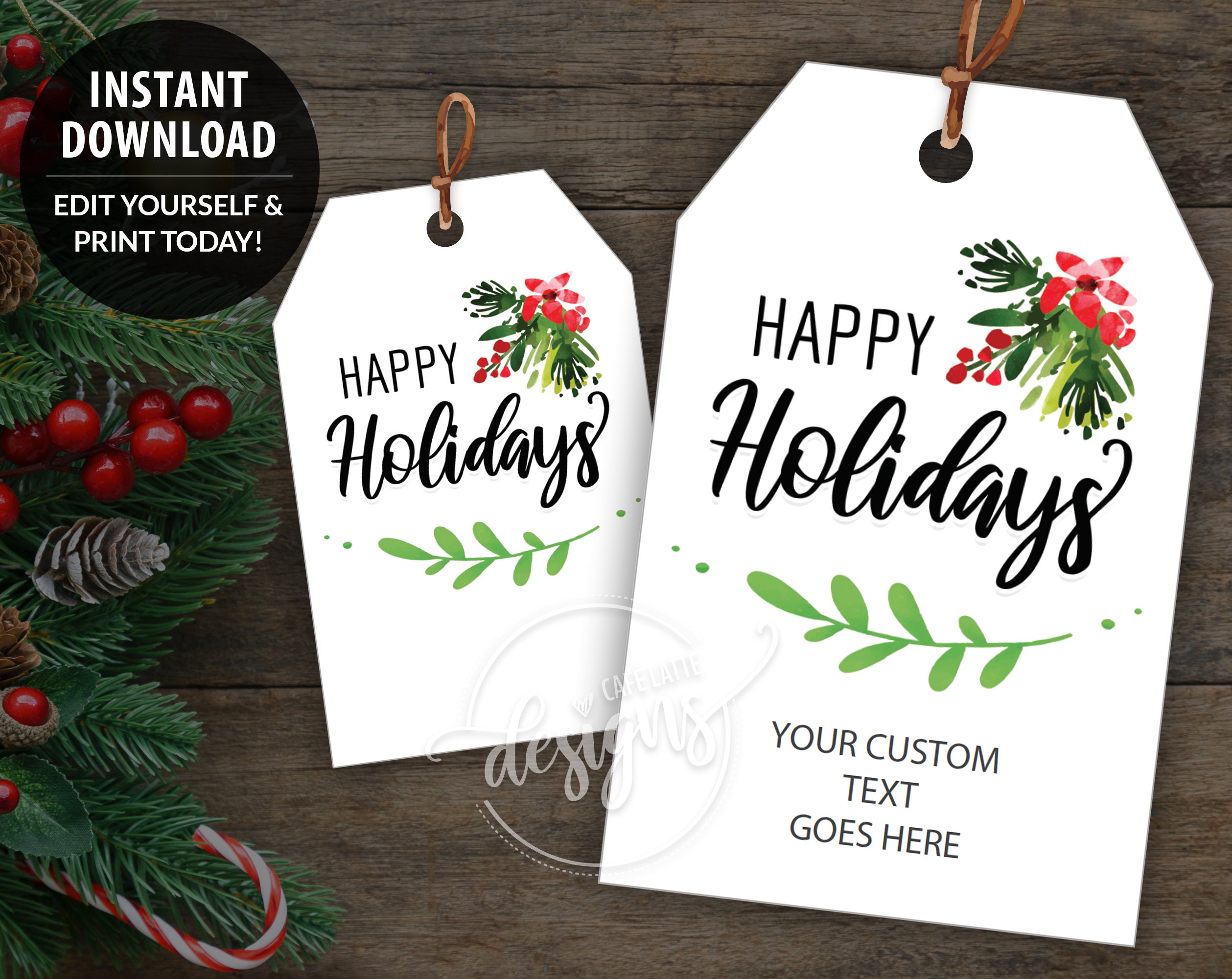 HAPPY HOLIDAYS Printable Gift Tags, Editable Personalized Favor Tags  Template Minimalist, Instant Download Labels Thank You Business Company 