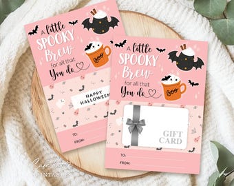 Halloween Coffee Gift Card Holder Printable, Halloween Pink Gift Card for Teacher, Spooky Brew Teacher Appreciation Gift Instant Download
