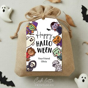 Halloween monsters gift tags, Happy Halloween printable candy bag gift tags, Happy Halloween labels editable template gift tag DIY, Custom gift labels for Halloween candy bags, Kids teacher school gift tags with witch ghost vampire and mummy, Cheap Halloween gift tags instant download, Halloween business company corporate gift tags, Halloween costume party thank you gift tags