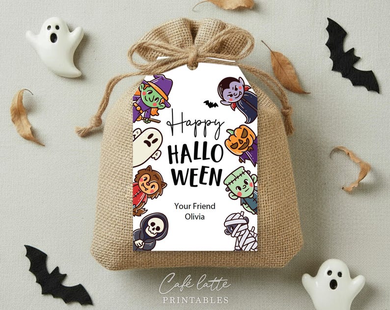 Halloween monsters gift tags, Happy Halloween printable candy bag gift tags, Happy Halloween labels editable template gift tag DIY, Custom gift labels for Halloween candy bags, Kids teacher school gift tags with witch ghost vampire and mummy, Cheap Halloween gift tags instant download, Halloween business company corporate gift tags, Halloween costume party thank you gift tags