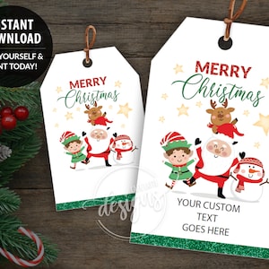 CHRISTMAS Printable Gift Tags, Editable Personalized Favor Tags Template with Santa Elf Deer, Instant Download Labels Kids School Teacher