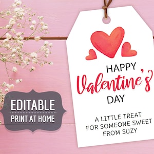 Valentine's Printable Gift Tags, Editable Personalized Gift Favor Tags Template with Red Hearts, Custom Valentines Day Instant Download DIY