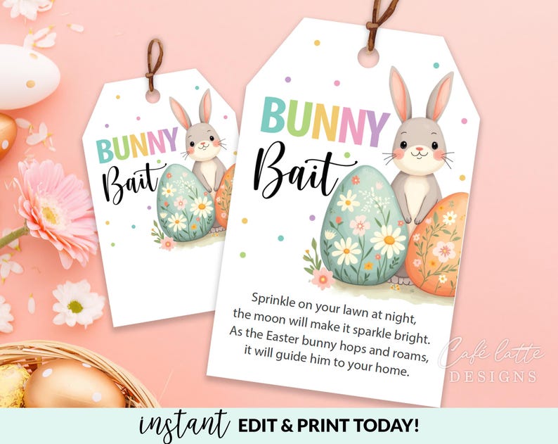 Easter gift tags, Easter printable gift tags, Easter bunny bait editable gift tag template DIY, Custom gift labels for Easter, Kids friends teacher school gift tags with Easter bunny and eggs, Candy sweet treat bag gift tags for Easter DIY