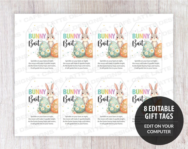 Easter gift tags, Easter printable gift tags, Easter bunny bait editable gift tag template DIY, Custom gift labels for Easter, Kids friends teacher school gift tags with Easter bunny and eggs, Candy sweet treat bag gift tags for Easter DIY