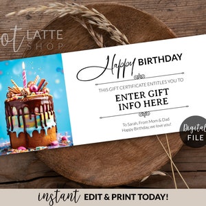 Geburtstagsgeschenkzertifikat bearbeitbare Vorlage, personalisiertes alles Gute zum Geburtstaggeschenkzertifikat, kundenspezifische Geburtstagskarte Ticket Coupon DIY druckbare