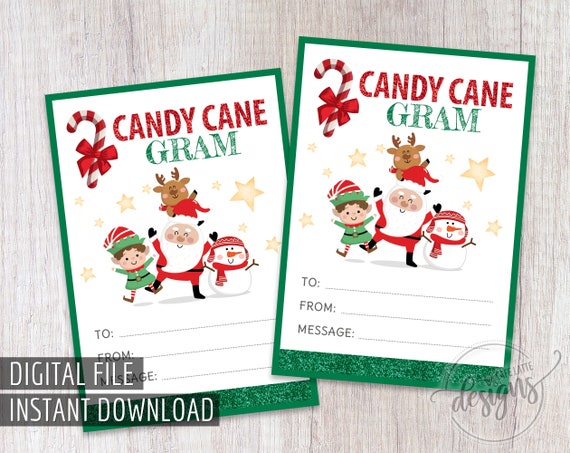 Candy Cane Gram Printable Holiday Tags Santa Deer Favor Tags Etsy