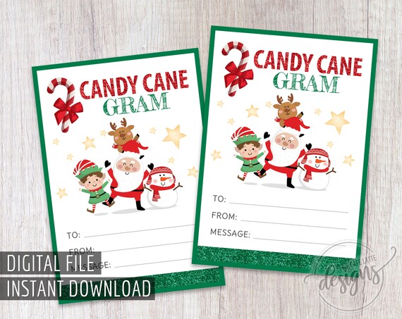 Candy Cane Gram Printable Holiday Tags Santa Deer Favor Tags Etsy