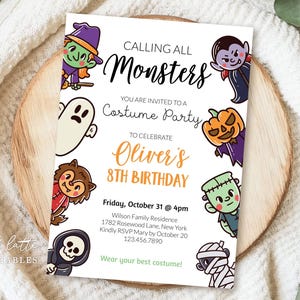 May include: A Halloween party invitation featuring cartoon monster illustrations. The invitation text reads "Calling All Monsters" and invites guests to a costume party for Oliver's 8th birthday. Includes date, time, and RSVP details.