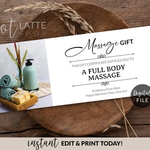 Plantilla editable de certificado de regalo de masaje, regalo de masaje personalizado, tarjeta de cupón de masaje de empresa personalizada, regalo de San Valentín para imprimir por ti mismo