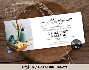 Massage Gift Certificate Editable Template, Personalized Massage Gift, Custom Company Massage Coupon Card, Valentines Day Gift DIY Printable