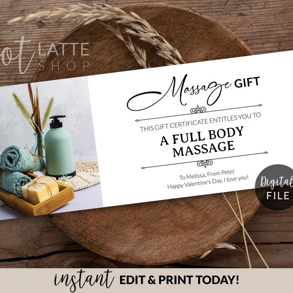 Massage Gift Certificate Editable Template, Personalized Massage Gift, Custom Company Massage Coupon Card, Valentines Day Gift DIY Printable