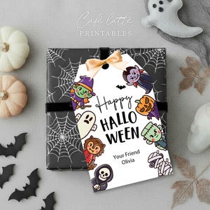 Halloween monsters gift tags, Happy Halloween printable candy bag gift tags, Happy Halloween labels editable template gift tag DIY, Custom gift labels for Halloween candy bags, Kids teacher school gift tags with witch ghost vampire and mummy, Cheap Halloween gift tags instant download, Halloween business company corporate gift tags, Halloween costume party thank you gift tags