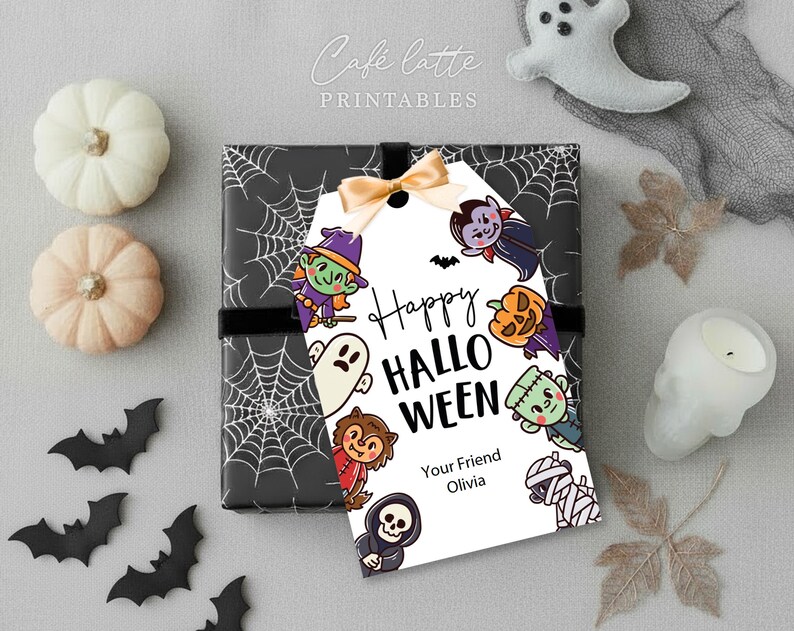 Halloween monsters gift tags, Happy Halloween printable candy bag gift tags, Happy Halloween labels editable template gift tag DIY, Custom gift labels for Halloween candy bags, Kids teacher school gift tags with witch ghost vampire and mummy, Cheap Halloween gift tags instant download, Halloween business company corporate gift tags, Halloween costume party thank you gift tags