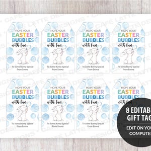 Easter gift tags, Easter printable gift tags, Hope your Easter bubbles with fun editable gift tag template DIY, Custom gift labels for Easter, Kids friends teacher school gift tags with Easter bunny, Bubble wand gift tags for Easter DIY