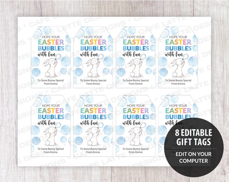 Easter gift tags, Easter printable gift tags, Hope your Easter bubbles with fun editable gift tag template DIY, Custom gift labels for Easter, Kids friends teacher school gift tags with Easter bunny, Bubble wand gift tags for Easter DIY
