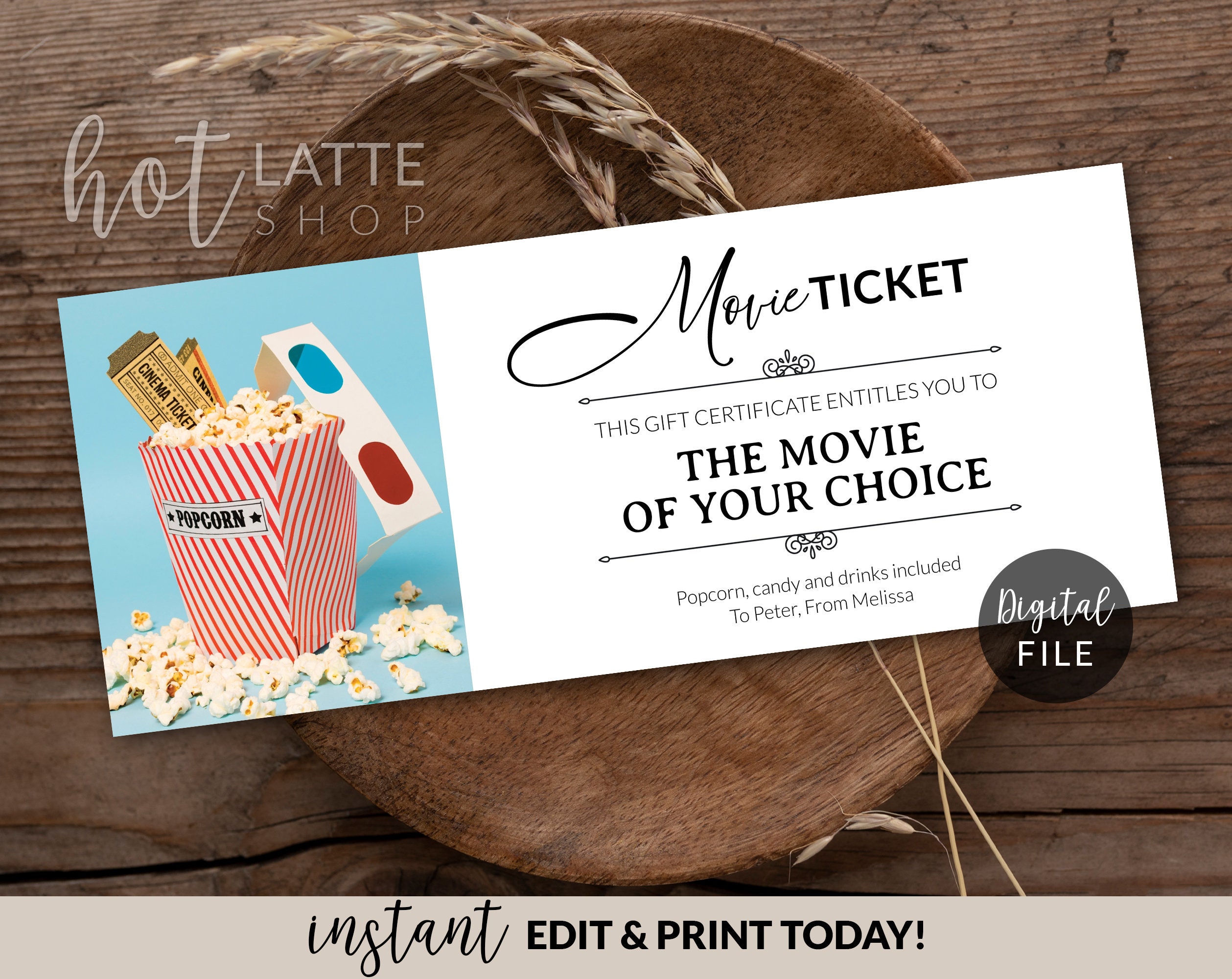 Movie Gift Certificate Editable Template, Personalized Valentines Day