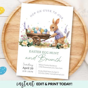 Plantilla editable de invitación para brunch y búsqueda de huevos de Pascua, invitación de Pascua imprimible con conejito y huevos de Pascua, invitación de celebración Hop On Over DIY