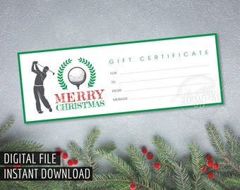 May include: Green and white printable gift certificate with a golfer silhouette and a golf ball. The text reads "Merry Christmas" and "Gift Certificate".