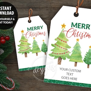 CHRISTMAS Printable Gift Tags, Editable Personalized Favor Tags Template with Xmas Trees, Instant Download Labels Kids Teacher, Thank You