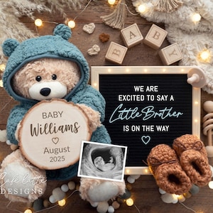 Anuncio digital de revelación de género de hermanito, anuncio de bebé bohemio para niño, redes sociales digitales, plantilla editable