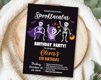 Halloween Invitation Editable Template, Skeletons Spooktacular Halloween Birthday Invitation, Kids Halloween Costume Party Printable Invite