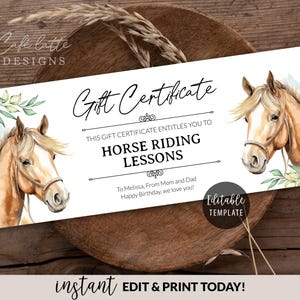 Plantilla editable de certificado de regalo de equitación, regalo de equitación personalizado, tarjeta de regalo con cupón de empresa personalizado, día de San Valentín