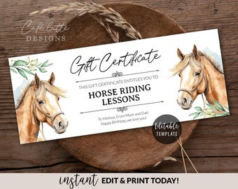 May include: A printable gift certificate for horse riding lessons. The certificate features a watercolor illustration of a brown horse with a white bridle and a green leafy branch. The text reads "Gift Certificate" and "This gift certificate entitles you to horse riding lessons".