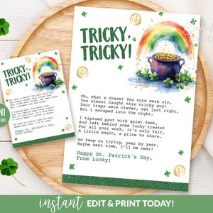 Carta de duende para imprimir en el día de San Patricio, minicarta de San Patricio de Lucky, plantilla editable, poema complicado y complicado, letra de arcoíris dorado