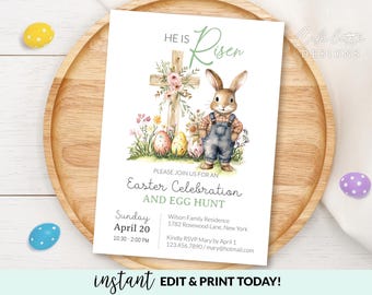 He Is Risen Easter Invitation Printable, Religious Easter Invitation Bunny & Cross, Easter Egg Hunt Editable Template, Church Celebration