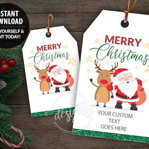 CHRISTMAS Printable Gift Tags, Editable Personalized Favor Tags Template with Santa Claus, Instant Download Labels for Kids School Teacher