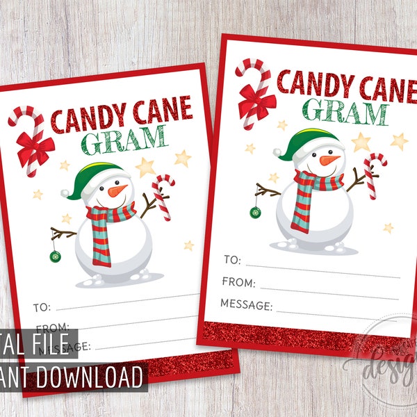 CANDY CANE GRAM Printable Holiday Tags, Snowman Favor Tags, Digital Instant Download, Candy Cane Holder, Kids Christmas Party Favor Diy