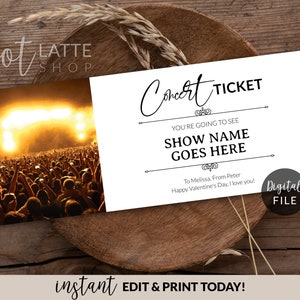 Bearbeitbare Vorlage für Konzertticket-Geschenkgutscheine, personalisiertes Musik-Show-Valentinstag-Geschenk, benutzerdefinierte Foto-Konzert-Gutscheinkarte, DIY zum Ausdrucken