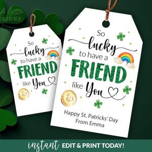 Etiquettes pour cadeaux St Patricks imprimables, étiquettes cadeaux St Patricks modèle modifiable, chanceux d'avoir un ami comme vous étiquettes cadeaux, cadeau d'écoliers bricolage