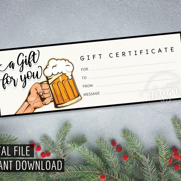 GIFT Certificate, Beer Printable Gift Certificate for Him, Gift Coupon, Instant Download, Valentine's Day Gift Idea, Holiday Gift Card Men