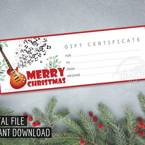 KERSTGIFT Certificaat, Afdrukbare Gitaarlessen Cadeaubon, Muziekconcert Cadeaubon, Instant Download, Vakantiecadeau, Cadeaubon