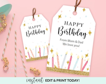 Birthday Gift Tags Printable, Personalized Happy Birthday Gift Tags Editable Template, Birthday Candles Custom Labels Instant Download DIY