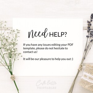 May include: A white card with the text "Need HELP?" and additional text offering assistance with PDF templates. The card is decorated with sprigs of white flowers, lavender, and a small burlap sack.