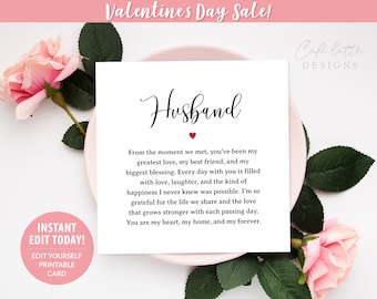 Valentines Day Husband Card Printable, Valentines Card Gift for Him Husband, Valentine Card Editable Template, Last Minute Card DIY