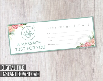 MASSAGE GIFT Certificate, Valentine's Day Printable Gift Certificate, Spa Coupon, Instant Download, Gift Idea, Holiday Gift Card, Business