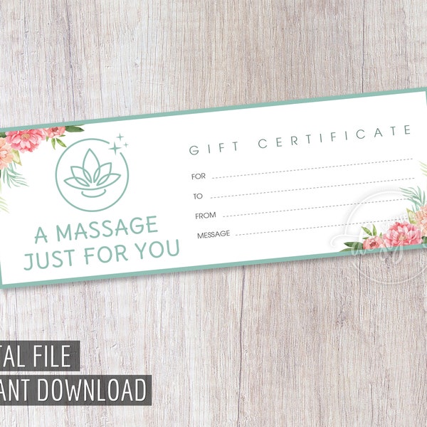 MASSAGE GIFT Certificate, Valentine's Day Printable Gift Certificate, Spa Coupon, Instant Download, Gift Idea, Holiday Gift Card, Business